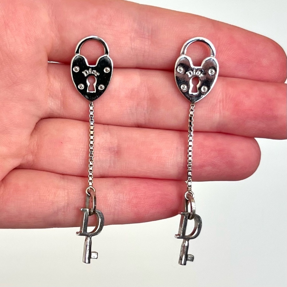 Christian Dior Stud Earrings Heart Lock And Key Silver
